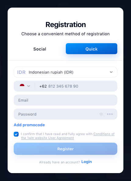 Registration at 1win Casino