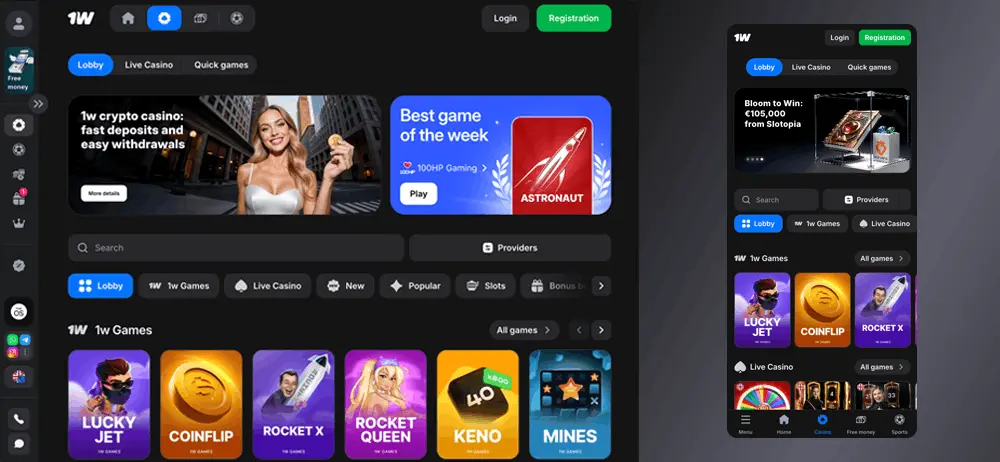 Casino 1win desktop and mobile interfaces